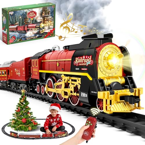 Christmas Train Set for around under The Tree, Electric Christmas Tree Train with Remote Sound Smoke Light, Steam Locomotive Xmas Train Toy Gift for Kids Children Boy Girl, Glowing Passenger Carriage