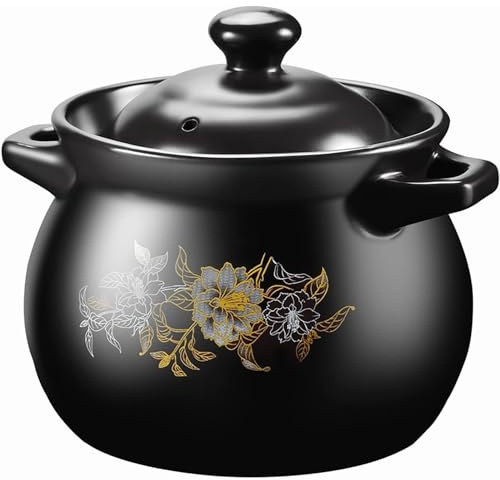 Olla de cerámica Negra con Tapa, para guisar, bibimbap y Sopa, 5 l
