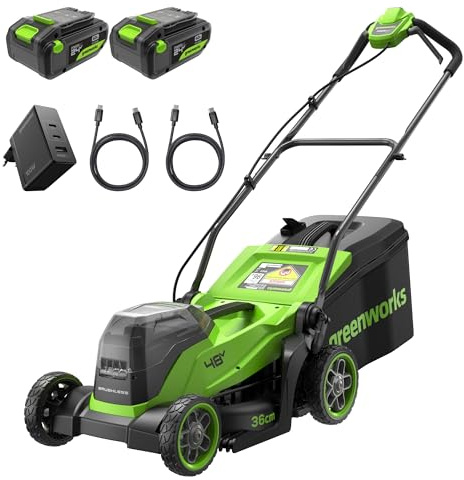 Greenworks 48V (24V x 2) Cordless Lawnmower for Large Lawns up to 400m2, 35cm Cutting Width, 40L Bag, Lawnmower with Two 4Ah Batteries and Twin Charger, 3 Year Guarantee MO48L421-01