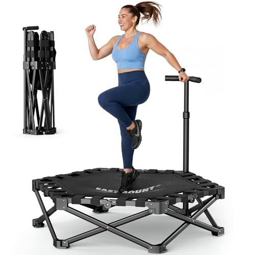 EAST MOUNT 42 Foldable Mini Trampoline for Adults, Quiet Fitness Rebounder with Adjustable Handle, No-Assembly Indoor Exercise Trampoline, 450LBS Capacity (FullBlack)