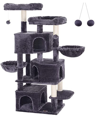 FEANDREA Large Cat Tree with 3 Cat Caves, 164 cm Cat Tower, Smoky Grey PCT98G