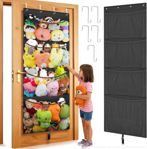 Woodoulogy Hanging Stuffed Animal Storage, Over Door Large Plush Toy Organizer with Metal Hook, Baby Accessory Holder Idea for Nursery, Doll & Bear Mesh Hammock Bag for Girl Boy Kid Room