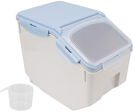 Contenitore per Riso e Cereali, Distributore di Riso con Tazza, Contenitore Ermetico per Alimenti, Secchio per Chicchi di Riso di Grande Capacità, Contenitore per Alimenti Secchi in(Blu 10KG)