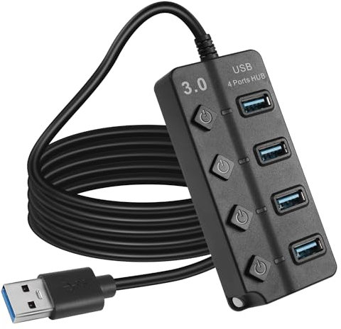 HATMINI Hub expansor USB3.0 de 4 Puertos de 1 pie, concentrador de Datos rápido USB 3.0 con interruptores de Encendido/Apagado LED Individuales, Extensor de Puerto USB (5FT)