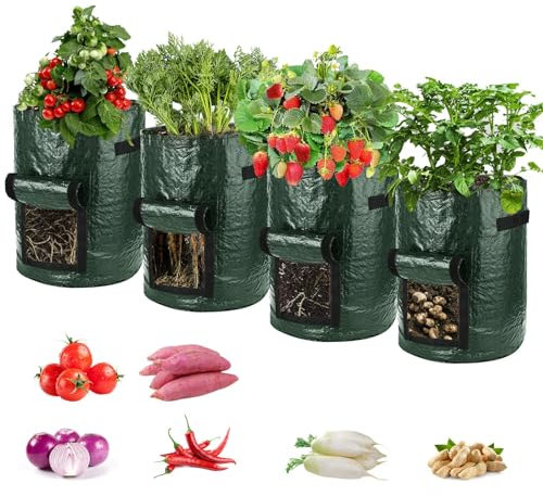 TSKDKIT 4 Stück 10 Gallonen Kartoffel Pflanzsack, Wiederverwendbar 45L kartoffelsack mit Sichtfenster und Griffen, Kartoffeln Pflanzsäcke Atmungsaktiv für Tomaten,Kartoffeln, Pflanzen, Blumen