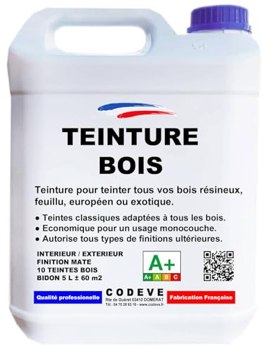 Teinture Bois - Codeve Bois/Chêne moyen - 5L - Intérieur/extérieur - Pour Teinter Tous Vos Bois Résineux, Feuillu, Européen Ou Exotique.