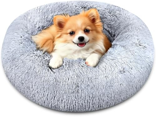 AUJEN Hundebett waschbar - Flauschiges Plüsch Katzenbett für Katzen und kleine Hunde, Donut-förmiges beruhigendes Hundekissen mit rutschfestem Boden, weiches Hundekorb, Katzenkorb, 50cm, Ombré-Grau