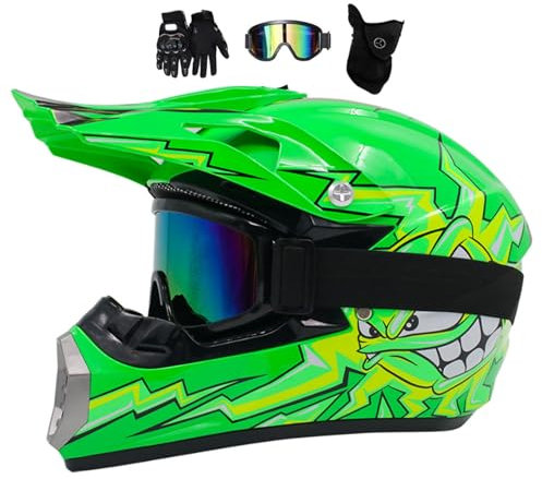 Kid Motocross Helmet, With Goggles Mask Gloves, Youth Motorbike Helmet, Full-Face Off Road MX Motorcycle Helmet Dirt Bike ATV Scooter MTB BMX Downhill Quad Bike Enduro Racing Helmet(Color:Green,Size:M