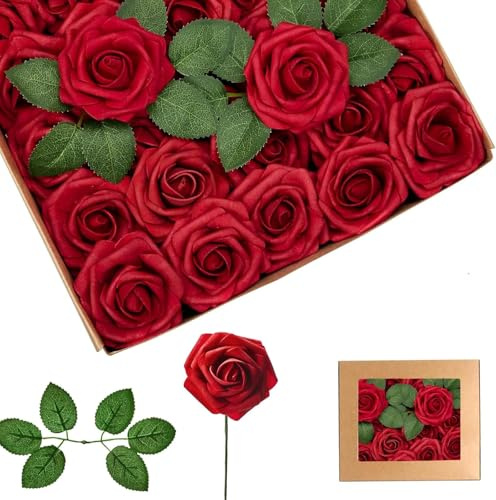 XNAUVOI 25pcs Rose Artificiali, Schiuma Rose, Schiuma di Rose Finte con Foglia e Gambo Regolabile Rosa per DIY Decorazioni Matrimonio Mazzi Nuziale Festa Casa Stanza Decorazioni