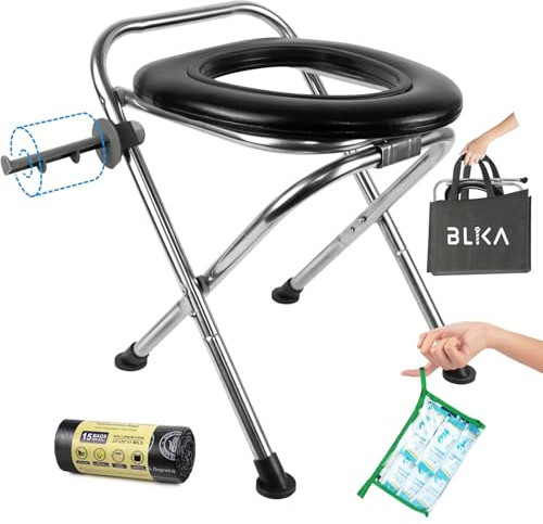 BLIKA Portable Toilet for Camping, 350LBS Stainless Steel Foldable Camp Travel Toilet with Soft Seat for Adults, Portable Potty for Camping, RV Travel, Road Trips, Includes Waste Bags with Gel