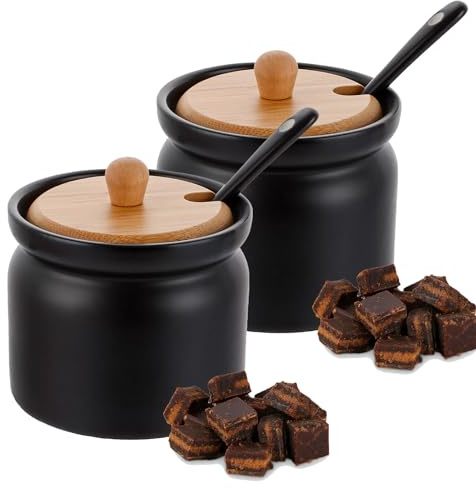 LDXDRU Lot de 2 sucriers avec couvercle et cuillère et couvercle en bois, environ 180 ml, en céramique, pour cuisine, salle à manger, café (ferreux)