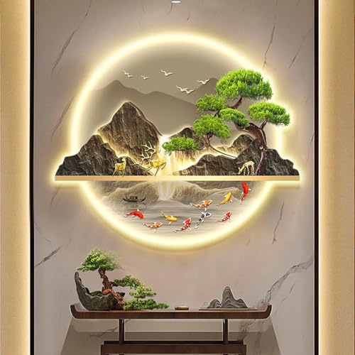 3D Pine Landscape Wall Art con luce LED, lampada murale tradizionale cinese, scultura orientale da parete per la decorazione domestica