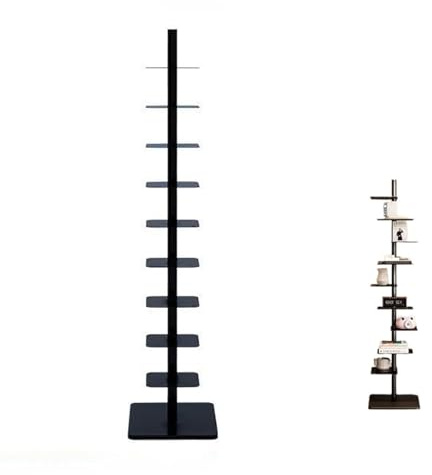 9-Tier Metal Spine Bookshelf Narrow Vertical Tower Bookcase DIY Three-sided Free Rotation Adjustment for Booksfor Small Spaces Tall & Narrow Ladder Bookcase