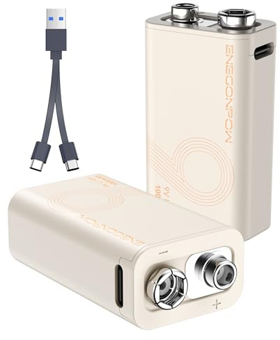 ENEGONPOW Pilas Recargables de 9V, Paquete de 2, 1000mAh de Ion de Litio con Carga USB-C e Indicadores LED para Detectores de Humo, Micrófonos, Alarmas, Linternas
