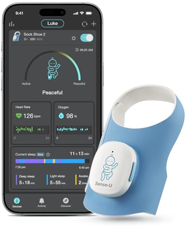 Sense-U Smart Sock Shoe 2 - Monitor de bebé - Rastrea la frecuencia cardíaca y los patrones de sueño con sensor de pie PPG transmisivo, durante 1-12 meses