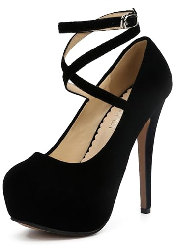Women's Platform High Heel Pumps with Criss Cross Ankle Strap, 5.5 Inch Stiletto Heel, 1.6 Inch Platform Black Velvet 39 - US 7.5