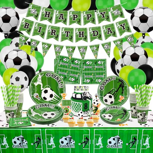 Fotbollsfödelsedagsdekoration – innehåller fotbollsballong, Happy Birthday-banderoll, kaklock, tallrikar, servetter, mugg, bordsduk och papperssugrör för sportfödelsedagsdekorationer, för 20 gäster