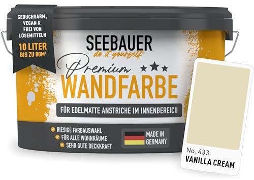 SEEBAUER diy Wandfarbe Beige 10L für Innen (No. 433 Vanilla Cream) Edelmatte cremebeige Innenfarbe - Beigetöne sehr hohe Deckkraft - Matt, Abwaschbar und Tropffrei