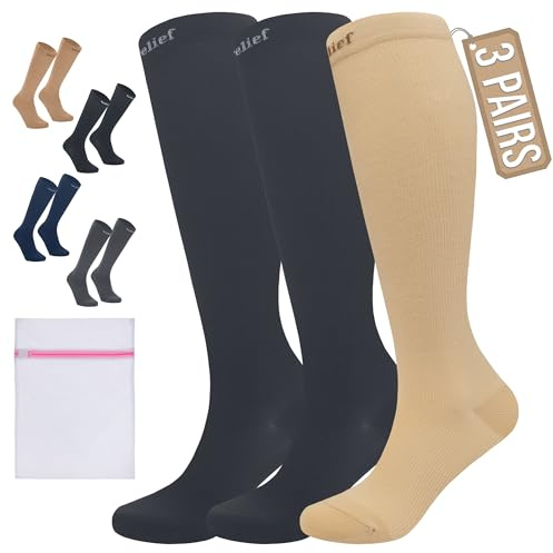 360 RELIEF 3 Pairs Plus Size Compression Socks for Women & Men - 15-20 mmHg Travel Flight Socks – Graduated Support - Ideal for Running, Cycling & during Maternity, S/M, 2Black+1Beige + Laundry Bag