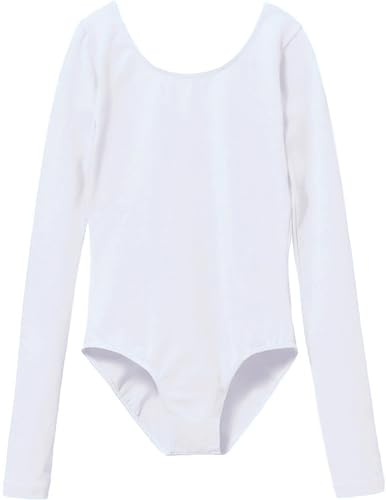 MdnMd Girls Child Classic Long Sleeve Basic Leotard for Dance Ballet Gymnastic Outfit Bodysuit (White, AM19, Age 6-8)