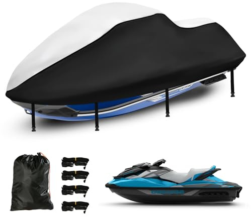 Jet Ski-skydd, vattentätt, 420D tungt Jet Ski-skydd för Yamaha, 2 ventilationsöppningar, skyddar mot vind och damm, skydd utomhus (lämplig för motorbåtlängd 307–343 cm, silver svart)
