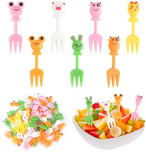 Kayqbonke 50 Pezzi Forchettine da Frutta Bambini, 5 Tipi Forchetta di Frutta in Plastica, Forchette Bambini per il Pranzo il Tè Pomeridiano e la Festa di Compleanno