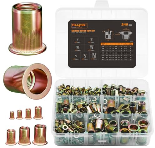 HANGLIFE Kit d'Assortiment Écrous à Sertir (240 Pièces) - Insert Fileté Métal - Écrous à Tête Plate M3 M4 M5 M6 M8 M10 M12 Plaqués Zinc, en Acier au Carbone avec Corps Nervuré