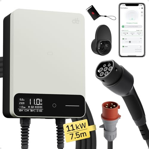dé Wallbox 11kW [7,5m, 6-16A, Trifase] Colonnina Ricarica Auto Elettrica con App e RFID e Supporto, EV Stazione di Ricaric con RCD Tipo B e Protezione IP54, per BEV/PHEV, Bianco