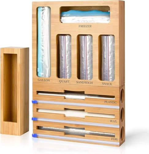 Bamboo Foil and Plastic Wrap Organizer with Cutter, Ziplock Bag Organizer with Cutter for Kitchen Drawer Storage, Dispenser Compatible with Gallon, Quart, Sandwich and Snack Variety Size Bags