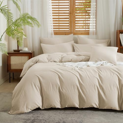 Gezu Housse de Couette 100% Coton 140x200 Demi-Lin Coton Beige | Parure de Lit 140x200 Doux Respirant Douillet Linge de Lit 2 Personne avec Fermeture Éclair et Taies d'oreiller 65x65cm