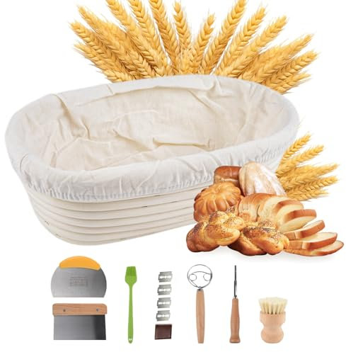 Sourdough Bread Baking Supplies Set Oval Proofing Basket 10in Rattan with Liner Dough Scraper Brush Double Loop Whisk Bamboo Brush Sourdough Starter Kit Bread Pan Banneton Basket