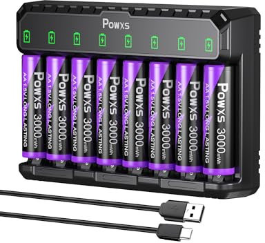 POWXS 1.5V Lithium Akku AA 8-Pack 2000 Zyklen & Stahlgehäuse, 3000mWh,mit USB Schnelladegerät, Kompatibel AA/AAA für Spielgeräte & Blink-Kameras