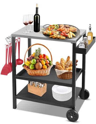 Hebitod Carro de mesa para barbacoa, mesa para barbacoa, 2 estantes de altura ajustable, estante para especias y ganchos, 84 x 67 x 41 cm, carrito de cocina con ruedas para barbacoa de pizza y cocina