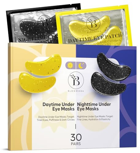 Under Eye Gel Patches (30 Pairs, Mix Box Day & Night), Caffeine Under Eye Patches for Dark Circles, Hydrogel Mask with Collagen & Vitamin C for Puffiness & Hydration, Bridesmaid Gift, Self Care