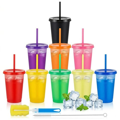 ALINK 9er Set Farbwechsel Becher Kinder 470ml, Wiederverwendbare Plastikbecher mit Deckel & Strohhalm, Magische Party Trinkbecher inkl. Bürsten
