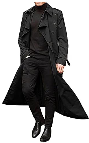 Generisch Gabardina para hombre, larga, fina, monocolor, cuello vuelto, ajustado, abrigo de entretiempo, abrigo de invierno clásico, chaqueta de invierno básica, cómoda, cortavientos, abrigo de loden