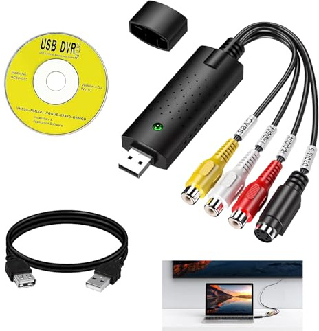 Convertidor VHS a Digital de Audio y Video RCA a USB 2.0, Digitalizador VHS, Captura VHS VCR DVD a PC Portátil, Tarjeta de Captura con Cable RCA/S-Video y Software, Compatible con NTSC PAL SECAM