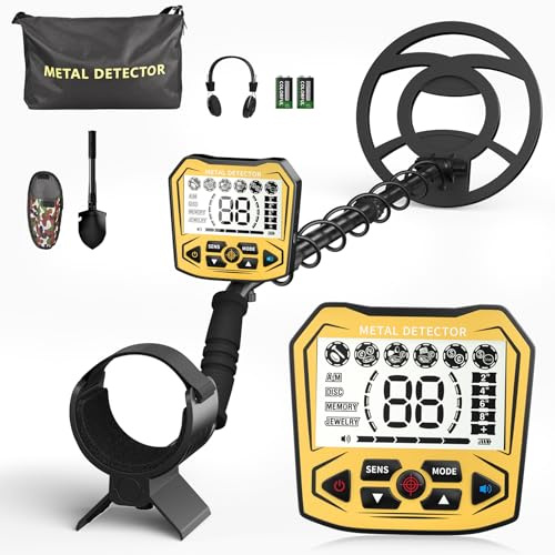 Detector de Metales Profesional con 2 baterías, 5 Modos Detectores de Metales para Adultos y niños, Detector de Metales Recargable con Bobina Impermeable, Auriculares y Pala Excavadora (Amarillo)