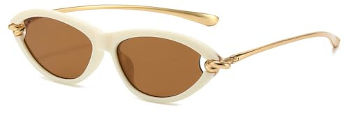 YAMEIZE Gafas de sol retro con diseño de ojo de gato para mujer, vintage, pequeñas, de los años 90, ovaladas, con montura dorada, UV400, beige marrón, Talla única