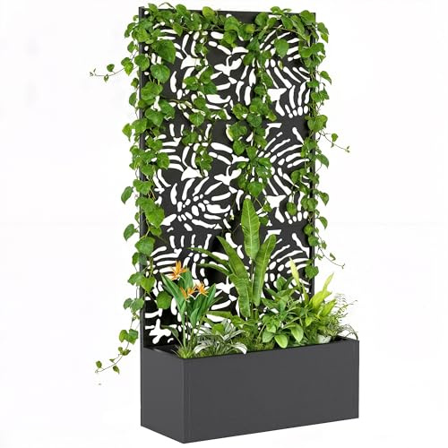 Outsunny Jardinière avec Treillis, bac à Fleurs, lit surélevé avec Brise-Vue, pour Plantes grimpantes, légumes, Fleurs, métal, intérieur et extérieur, Cour Jardin Balcon, 90 x 37,5 x 180 cm, Noir
