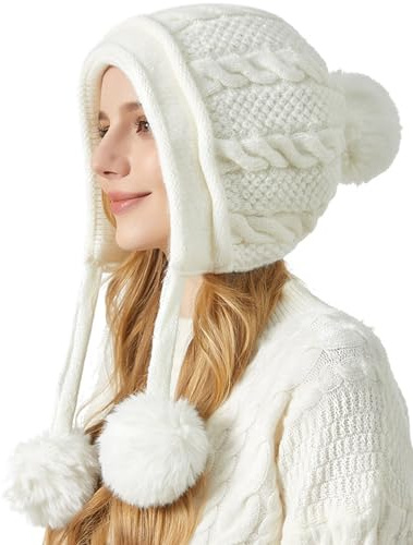 Yixda Stickad vintermössa stickad mössa pom pom beanie mössa med öronlapp