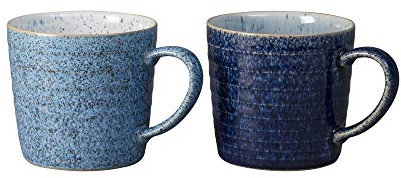 Denby - Studio Blue 2 Piece Ridged Mug Set - Dishwasher, Microwave Safe Crockery 400ml, 13cm - Ceramic Stoneware Tableware - Chip & Crack Resistant Coffee and Tea Mugs
