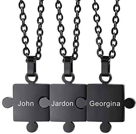 MeMeDIY Personalized Jigsaw Puzzle Pendant Necklace Engraving Name Date for Couples Women Men Customized Birthstone Stainless Steel Jewelry for Family Love Friendship (3 Pieces Black Color)