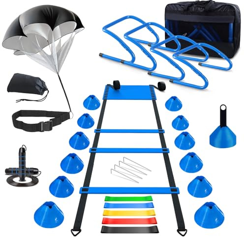 Haootadiy Agility Training Equipment, Football Training Equipment Includes 20FT Agility Ladder,4 Adjustable Agility Hurdles, 12 Football Cones, Parachute, for Training Soccer Basketball Athletes（Blue）