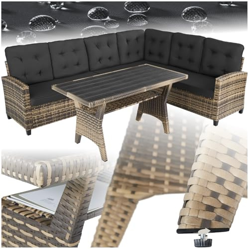 tectake® Ensemble Salon de Jardin Exterieur XXL en Poly Rotin Canapé 6 Places Rembourrage Moelleux et 1 Table de Jardin, Mobilier de Jardin pour Amenagement Balcon Terrasse Veranda Canapé rotin
