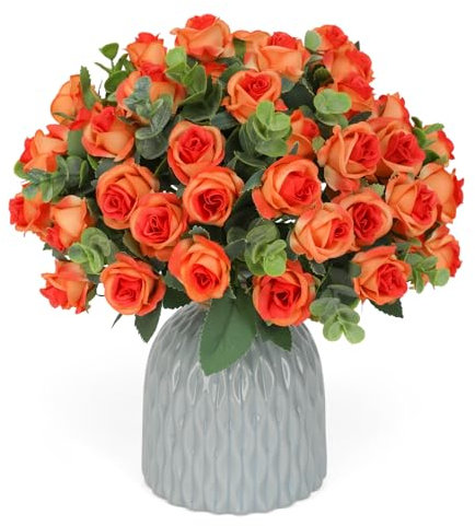 JUSTOYOU Lot de 4 bouquets de roses oranges artificielles en soie avec feuilles d'eucalyptus, fausses roses avec 44 têtes de rose pour mariage, maison, anniversaire, arrangement de jardin, décoration