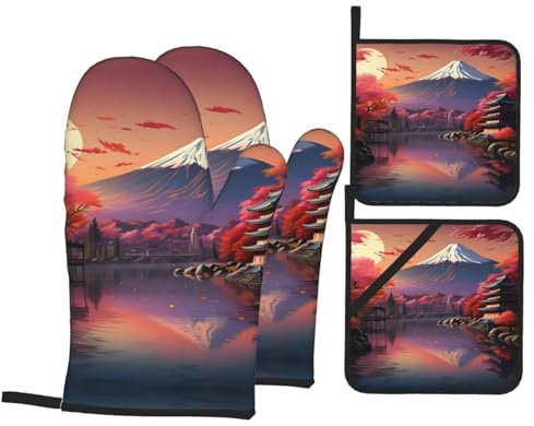 Juego de 4 manoplas de horno y soportes para ollas, guantes antideslizantes resistentes para barbacoa, cocina, hornear, parrilla, impresión de paisaje Fuji de Japón