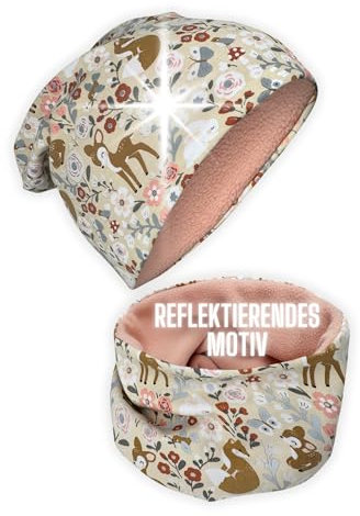 HECKBO 360° Reflektor Kinder Mütze & Loop Schal Set - Waldtiere Vlies Innen Winter - 2-6 Jahre - 95% Baumwolle - weiches & pflegeleichtes Stretch-Material