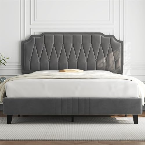 Yaheetech 5ft King Bed Frame Upholstered Platform Bed with Adjustable Button Tufted Headboard/Velvet Fabric/Sturdy Wooden Slat Support/No Box Spring Needed, Dark Grey King Bed