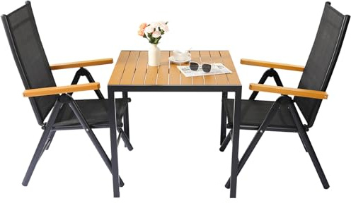 LIFERUN Alu Gartenmöbel Set 3-tlg, Balkonset 2 Stühle 1 Tisch, WPC Gartentisch + 2er Hochlehner Gartenstuhl Klappbar Wetterfest Aluminium Balkonmöbel für Veranden, Innenhöfe, Terrassen, Teakbraune3pcs